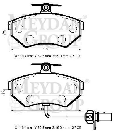 AUDI A4- 05/08; ÖN FREN BALATASI 1,6/1,8T/1,9TDI/2,0/2,0TFSI (2KABLOLU)DISK)(119,4X69,5X19)(BRAMAX)